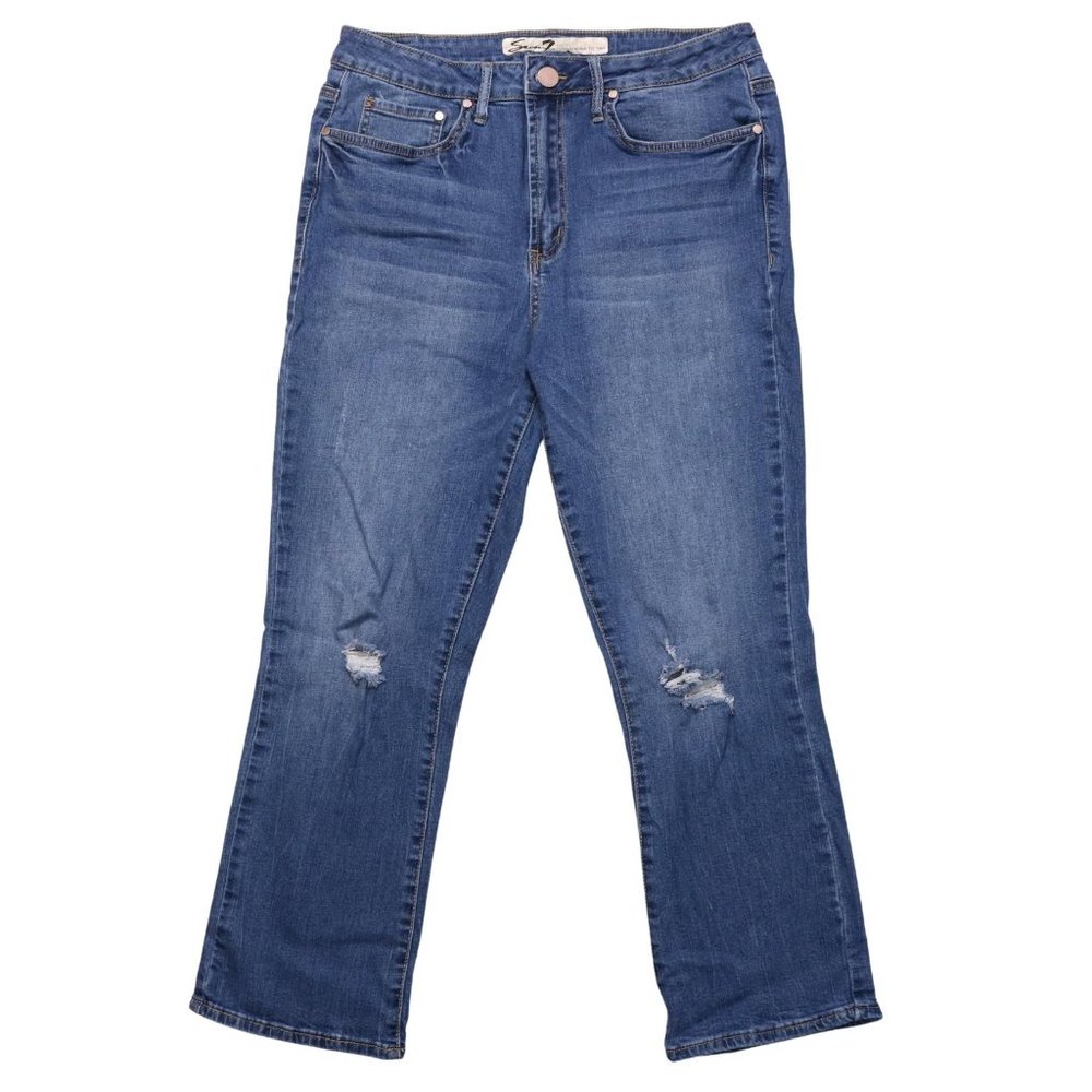 Seven7 Jeans High Rise Flare Crop Distressed Medium Wash